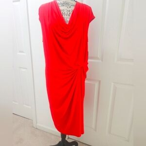London Times Red Faux Wrap Cowl Neck Sheath Dress